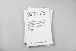 Blank brochures on grey background, top view. Mockup for design